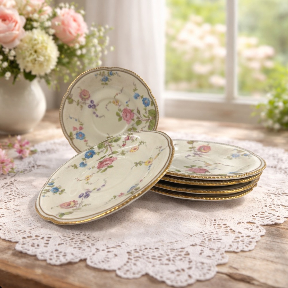 Vintage Castleton Sunnyvale Saucers Set of 6 Floral Gold Beaded Scalloped